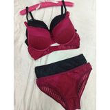 Love Angels Çizgili Dantel Detaylı Push-Up Dolgulu Iç Çamaşırı Takımı-Sütyen Külot Takımı - 90B - Bordo - Siyah