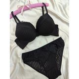 Love Angels Çizgili Dantel Detaylı Push-Up Dolgulu Iç Çamaşırı Takımı-Sütyen Külot Takımı - 90B - Siyah