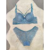 Love Angels Mavi Dantel Detaylı Kadın Balenli Dolgusuz Sütyen Külot Takım - Konforlu İç Giyim Seti - 80B