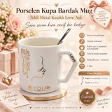 Love Aşk Porselen Kupa Bardak, Rose Gold Detaylı, Metal Kaşıklı GP-3061 | Gümüş Metal Kaşık Dahil, 9 cm Yükseklik, Gıdaya Uygun, Çay ve Kahveye Uygun, Hediyelik Züccaciye