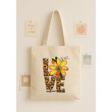 Love Ayçiçeği Baskılı Bez Çanta – Leopar Desenli Renkli Tote Bag - 35x40cm - Çok Renkli - Naturel