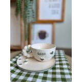 Love Baskılı 3D Kabartma Yeşil Kalp/Aşk El Yapımı Seramik Fincan Tabak