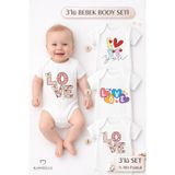Love Baskılı 3’lü Bebek Body Seti %100 Pamuk – Kısa Kollu Çıtçıtlı Yenidoğan & Bebek Zıbın (0-24 Ay)