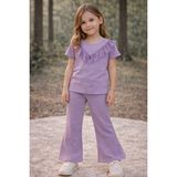 love Kısa Kollu Fırfırlı Simli T-Shirt ve Ispnyol Paça Pantolon 2li Kız Çocuk Takım - Lila - 10 Yaş