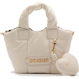 Love Moschino Kadın Örme Dokuma ve Deri Karışık Desen Metal Logo Geniş Ekru Omuz Çantası JC4322PP0NKM1-11A
