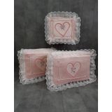 Love Pudra Pembe Dantelli Kalpli 3Lu Ceyizlik Hurc Seti, Dugun, Nisan, Bohca, Gelin, Damat, Hurcu