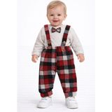 love Üstü Peluş Papyonlu Alt Ekoseli Bahçıvan Pantolon Erkek Takım - Kırmızı - Siyah - 9 Ay