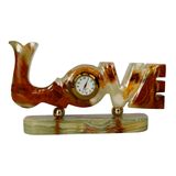 Love Yazılı Oniks Doğal Taş Masa Saati, 15x9 cm, Dekoratif Tasarım, Quartz Mekanizma (kahve)