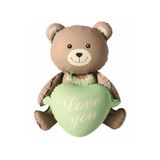 Love You Yazılı Retro Yeşil Kalpli Kahverengi Oturan Ayı Folyo Balon