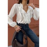 Lovely butik Kadın Beyaz Fırfırlı Volanlı Keten Görünümlü Gömlek Balon Kol Romantik Bluz