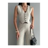 Lovely butik KADIN ÇİZGİLİ DÖRT DÜĞMELİ YELEK PANTOLON TRİKO İKİLİ TAKIM