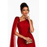 Lovely Dress Taş İşlemeli Tek Omuz Şifon Pelerinli Uzun Abiye Elbise