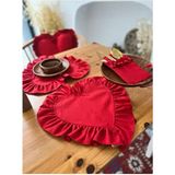Lovely Kalp Fırfırlı Keten Supla 2li Dikdörtgen Şekilde Sofra Şıklığı İçin Tasarlandı - Kırmızı - 40 x 40