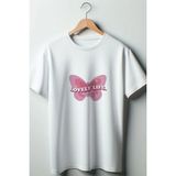 Lovely Life Kelebek Baskılı Coquette 2024 Modası Beyaz Oversize Kalıp Bisiklet Yaka Tshirt
