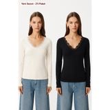 Lovelyİstanbul 2’li Paket Dantelli Örme Bluz LDZ0081 SİYAH KEMİK