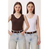 Lovelyİstanbul 2’li Paket V Yaka Fitilli Örme Bluz LRN0028 KAHVERENGİ BEYAZ