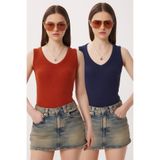 Lovelyİstanbul 2’li Paket V Yaka Fitilli Örme Bluz LRN0028 LACİVERT KİREMİT