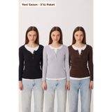 Lovelyİstanbul 3’lü Paket Katmanlı Çıtçıtlı Fitilli Örme Bluz LRN0062 SİYAH GRİ MELANJ KAHVERENGİ