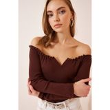 Lovelyİstanbul Büzgülü Yaka Crop Örme Bluz LAH0002 KAHVERENGİ