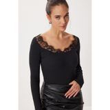 Lovelyİstanbul Dantel Detaylı Fitilli Örme Bluz LRN0002 SİYAH
