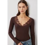 Lovelyİstanbul Dantel Detaylı Fitilli Örme Bluz LUB0297 KAHVERENGİ