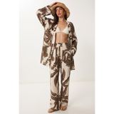 Lovelyİstanbul Desenli Yazlık Viskon Kimono Pantolon Takım LJE0003 KAHVERENGİ KREM