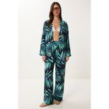 Lovelyİstanbul Desenli Yazlık Viskon Kimono Pantolon Takım LJE0003 LACİVERT YEŞİL