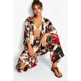 Lovelyİstanbul Desenli Yazlık Viskon Kimono Pantolon Takım LRN0013 ANTRASİT KIRMIZI