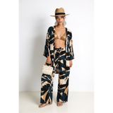 Lovelyİstanbul Desenli Yazlık Viskon Kimono Pantolon Takım LRN0013 FÜME KREM