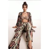 Lovelyİstanbul Desenli Yazlık Viskon Kimono Pantolon Takım LRN0013 HAKİ GÜL KURUSU