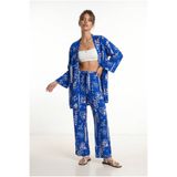 Lovelyİstanbul Desenli Yazlık Viskon Kimono Pantolon Takım LRN0013 KOYU MAVİ EKRU