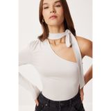 Lovelyİstanbul Fularlı Asimetrik Örme Bluz LUB0310 TAŞ GRİSİ
