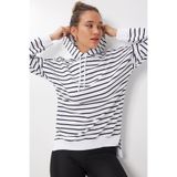 Lovelyİstanbul Kapüşonlu Çizgili Oversize Örme Sweatshirt LEN0028 SİYAH BEYAZ