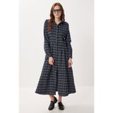 Lovelyİstanbul Kareli Midi Dokuma Elbise LLW0001 LACİVERT GRİ