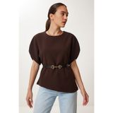 Lovelyİstanbul Kemerli Asimetrik Dokuma Bluz LZH0025 KAHVERENGİ