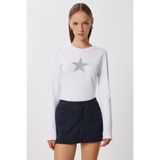 Lovelyİstanbul Yıldız Baskılı Taş Detaylı Crop Örme Bluz LUB0229 BEYAZ