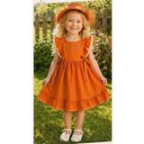 Lovinya Kids Turuncu Fırfırlı Nakış Detaylı Kız Çocuk Elbise ŞAPKA HEDİYESİYLE - 2 Yaş - 01-Turuncu
