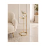 lowena home Sarı Nikelaj Kaplama Metal Camlı Yuvarlak Yan Sehpa 31x65 cm Koltuk Yanı Dekoratif Sehpa