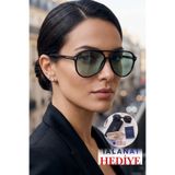 Lozzo Kadın UV400 Siyah Pilot Retro Yeşil Cam Güneş Gözlüğü WP25-23 C2Y