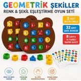 LRS Store 2 Li Set Oyuncak Geometrik Şekiller Renk Şekil Eşleştirme Lineup Bul Sırala Öğren Eğitici Montessori - 2 Ayıcık Tabla, 32 Parça Renkli Şekil Boncuk, 8 Sayfa 16 Model Kartı