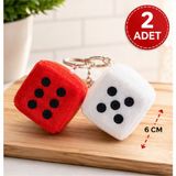 LRS Store 2'li Peluş Zar Anahtarlık 6 cm – Yumuşak Peluş Zar Küpü Anahtarlık Seti, Araba Dikiz Aynası Süsü, Çanta Aksesuarı, Şans Zarı Hediyelik - 6CM