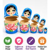 LRS Store Ahşap Matruşka Bebek 5'li Set – Iç Içe Geçen Rus Bebekleri El Boyama Dekoratif Oyuncak Hediyelik - Mavi