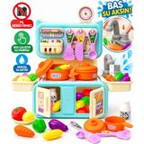 LRS Store Mini Oyuncak Mutfak Seti | 20+ Parça Musluklu Sulu Mutfak | Basmalı Su Pompası Çocuk Evcilik Oyuncağı - Turkuaz