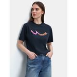 LTB Kadın Relaxed Lacivert T-Shirt %100 Pamuk Kısa Kol Günlük Stil Blok Renkli Baskılı