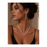 Luar Jewelry Kadın V Model Zirkon Taşlı Su Yolu Kolye Küpe Seti Parlak Gümüş Renk