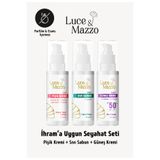 Luce & Mazzo Kokusuz Ihrama Uygun Seyahat Seti Güneş Kremi, Sıvı Sabun, Pişik Kremi - Ham Bez Kese HEDİYE!