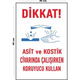 Lucena Metal Dikkat Asit ve Kostik Civarında Çalışırken Koruyucu Kullan 30 cm x 40 cm A3 Büyüklüğünde Uyarı