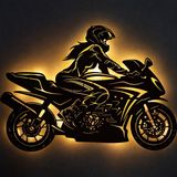 Lucenda LED Işıklı Kadın Motorcu Silüet Tablo Modern Motosiklet Duvar Dekoru - 60 cm - Sarı