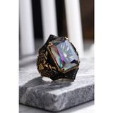 Luceven 925 Ayar Kare Mistik Topaz Taşlı Yanları Zirkon Taş İşlemeli Kılıç Motif Erkek Yüzük
