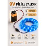 luciole 1 Metre Mavi 9V Pilli Anahtarlı Şerit LED Set Pil Dahil Prizsiz Yapışkanlı Dolap Raf Işığı